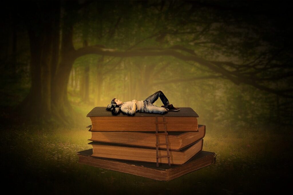books, nature, literature, knowledge, paper, read, ladder, man, human, dreams, wisdom, forest, trees, grass, meadow, fantasy