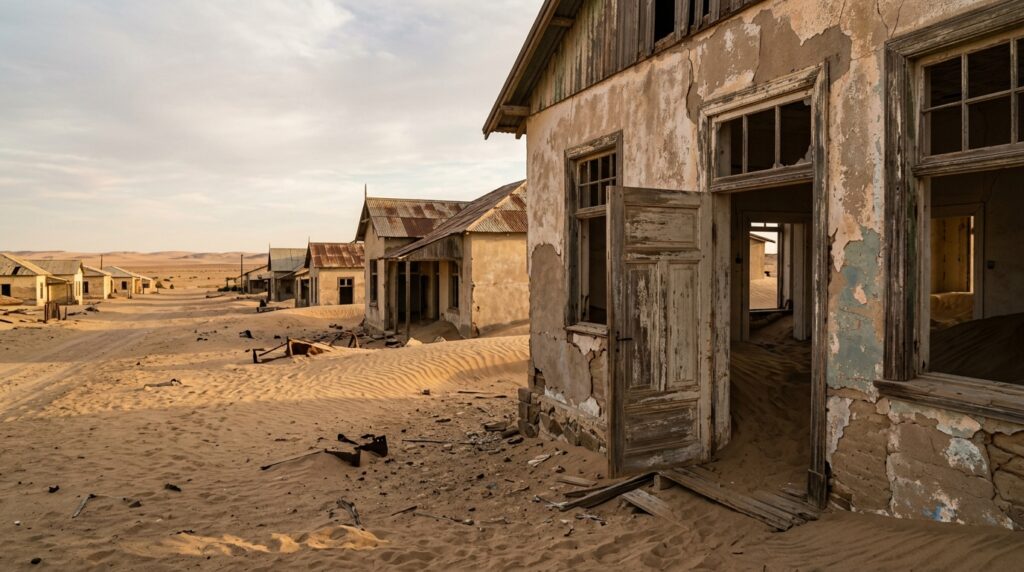 Antiguas casas mineras abandonadas rodeadas de arena en un paisaje desértico inspirado en el pueblo de Kolmanskop, Namibia.