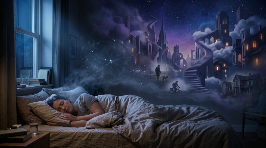 Persona durmiendo en una habitación nocturna mientras sobre su almohada aparece un paisaje onírico, representando cómo el cerebro crea los sueños.