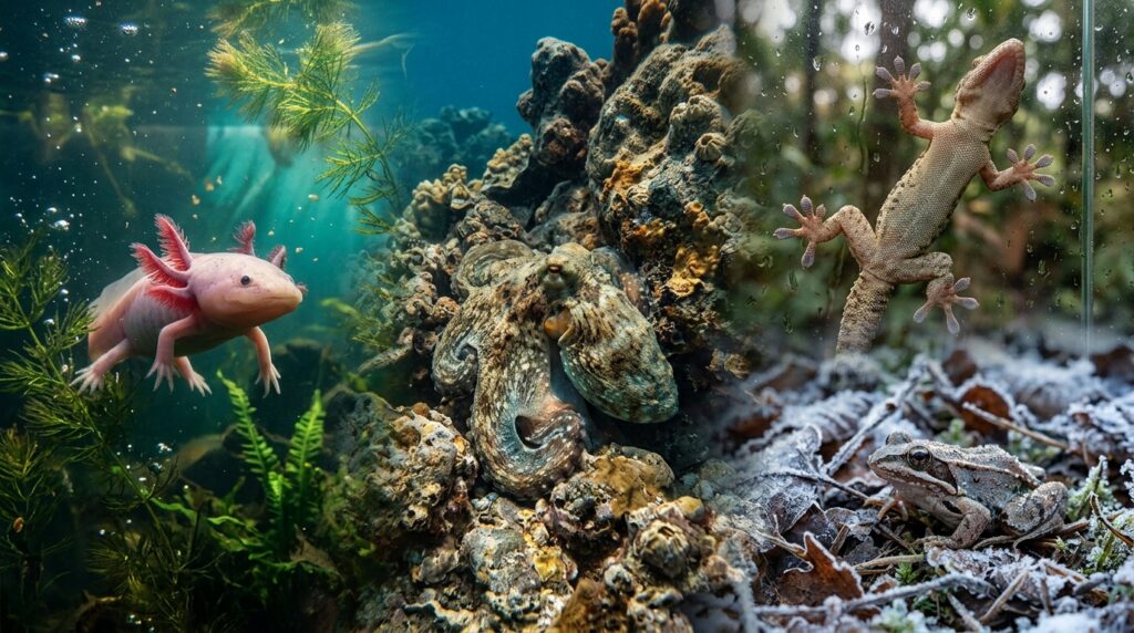 Composición de un ajolote bajo el agua, un pulpo camuflado, un geco sobre cristal y una rana entre el hielo, representando habilidades extraordinarias del reino animal.
