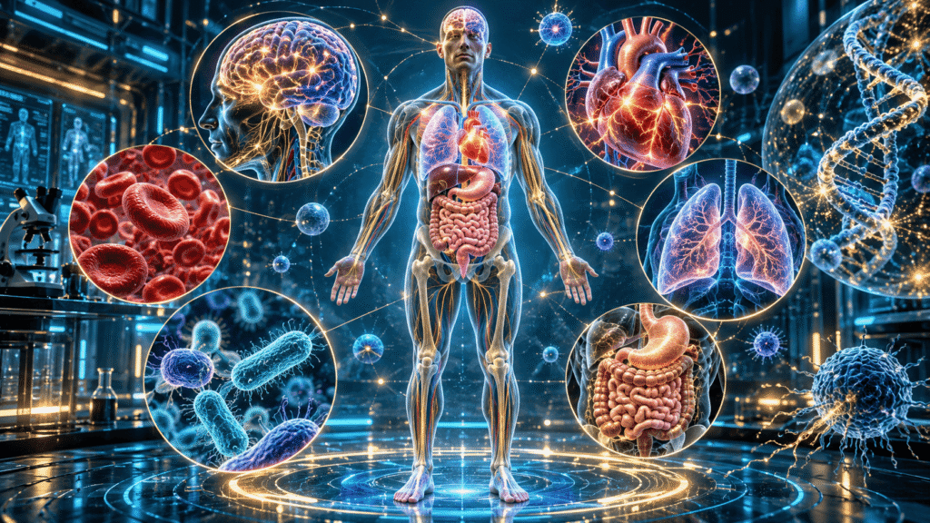 Ilustración científica del cuerpo humano con cerebro, corazón, pulmones, esqueleto y sistema digestivo visibles, rodeados de elementos microscópicos.