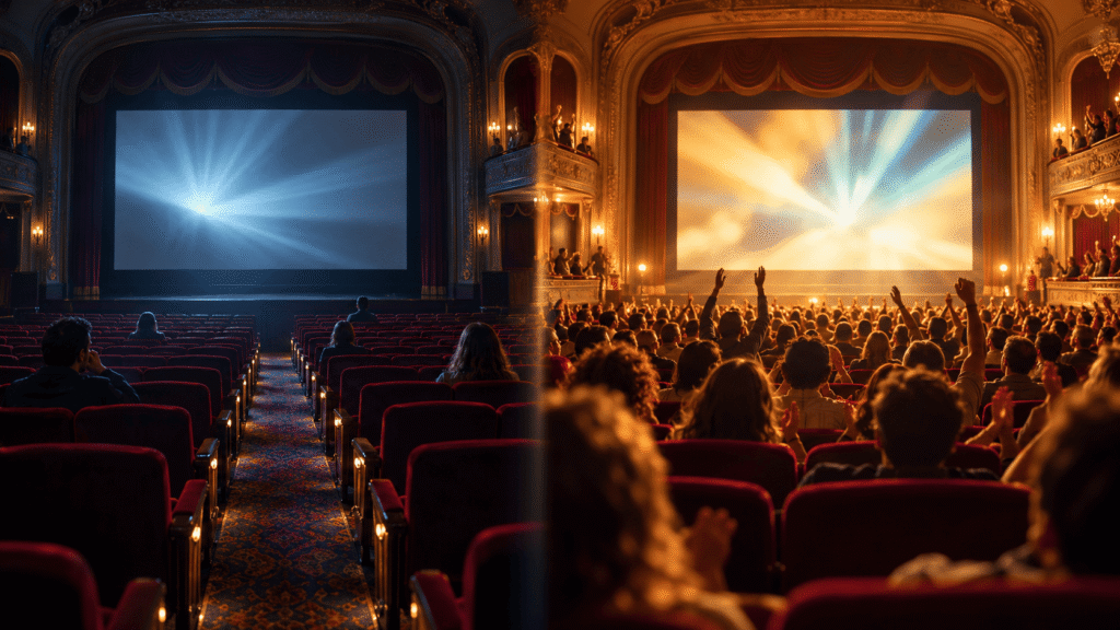 Comparación de un cine casi vacío durante un estreno y una sala llena de aficionados años después, representando películas convertidas en clásicos de culto.