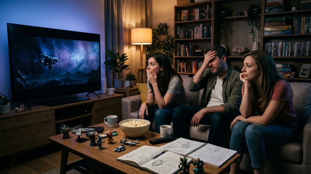 Tres amigos observan sorprendidos una serie de ciencia ficción que se desvanece en la pantalla, simbolizando una historia cancelada antes de terminar.