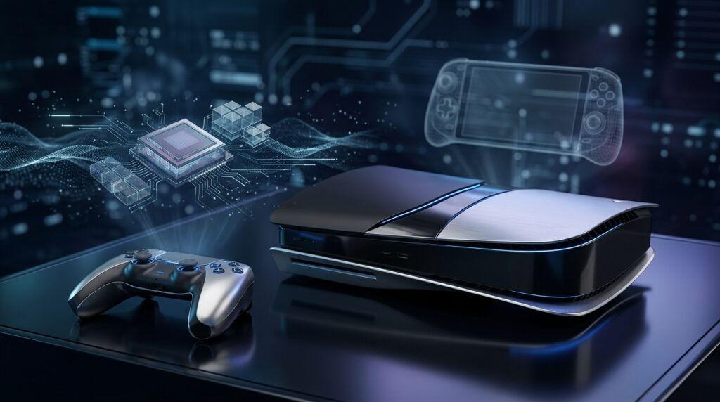 Concepto editorial de una futura PlayStation junto a elementos tecnológicos que representan inteligencia artificial, gráficos avanzados y una posible consola portátil.