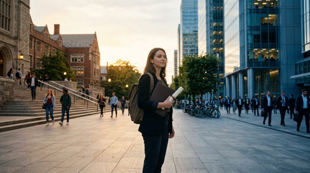 Joven graduado con su diploma frente a edificios de oficinas, reflexionando sobre las oportunidades de empleo después de terminar la universidad.
