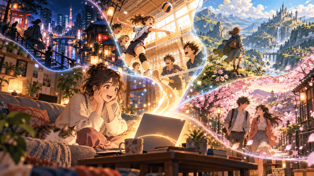 Joven descubriendo diferentes géneros de anime representados por escenas de misterio, deportes, fantasía y romance.