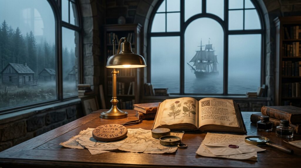 Manuscrito antiguo y disco de arcilla sobre una mesa de investigación, con un barco a la deriva y un asentamiento abandonado al fondo.