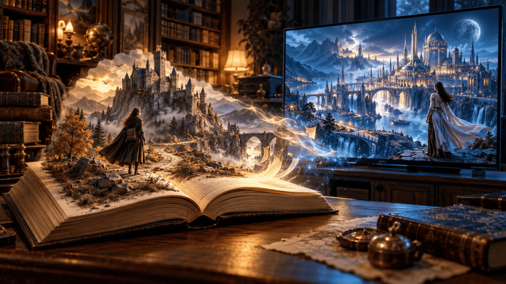 Libro abierto que muestra un mundo de fantasía diferente al representado en una pantalla de televisión, simbolizando los cambios entre novelas y series.
