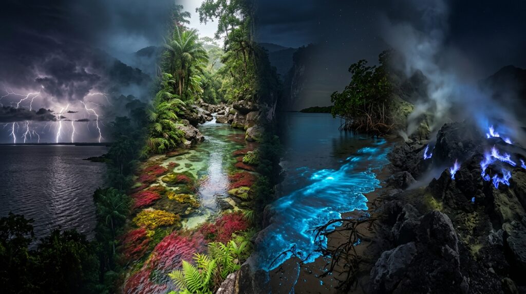 Composición de fenómenos naturales extraños: relámpagos sobre un lago, río de colores, bahía bioluminiscente y llamas azules en un volcán.