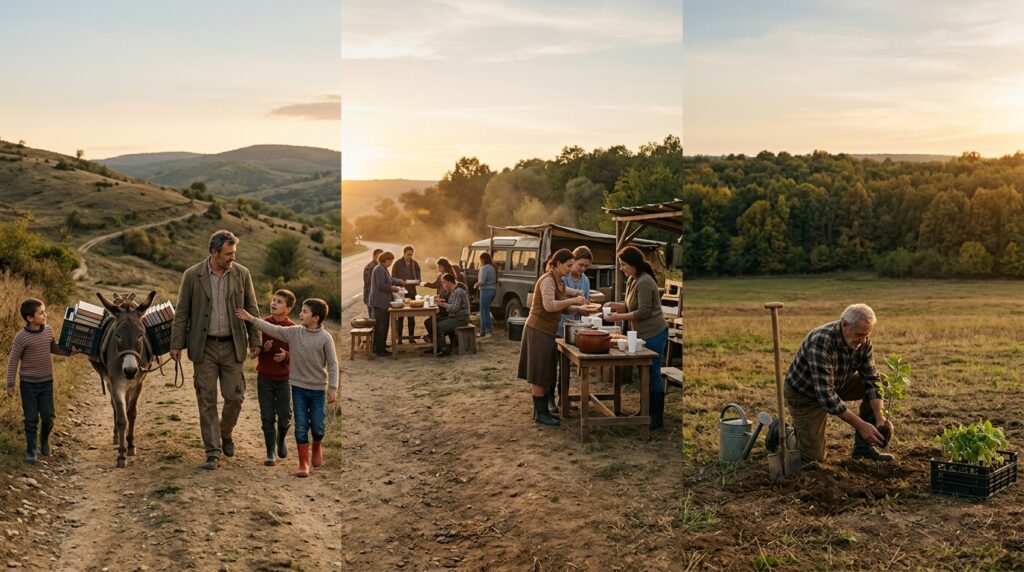Tres escenas de personas ayudando a sus comunidades: un maestro llevando libros a niños, mujeres compartiendo alimentos y un hombre plantando árboles.