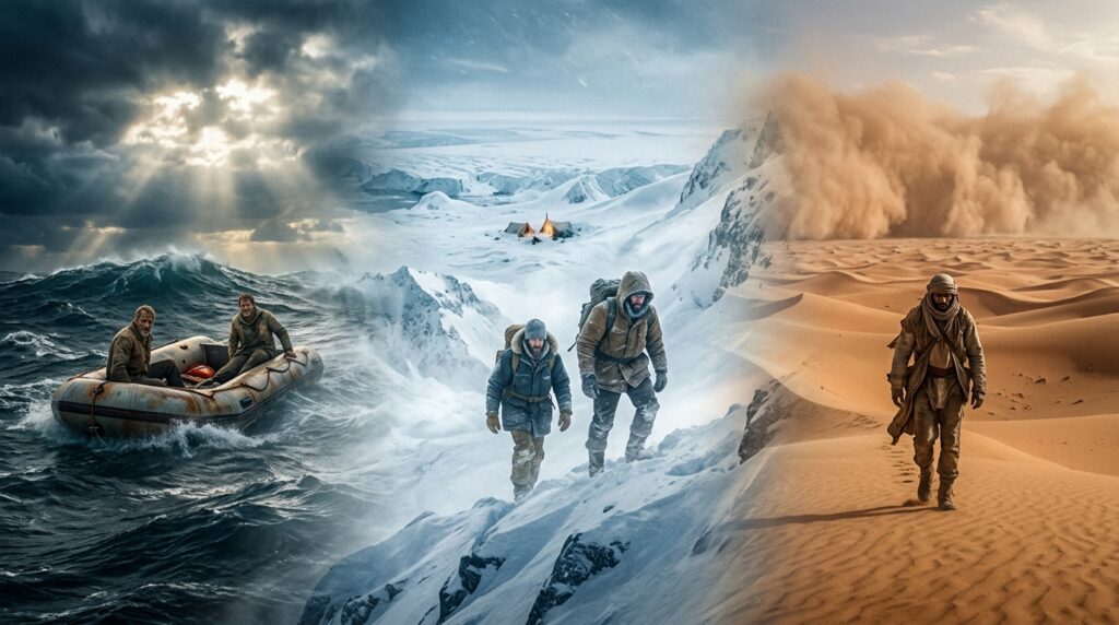 Composición visual con una balsa en el océano, personas en una montaña nevada y un superviviente en el desierto, representando historias reales de supervivencia extrema.