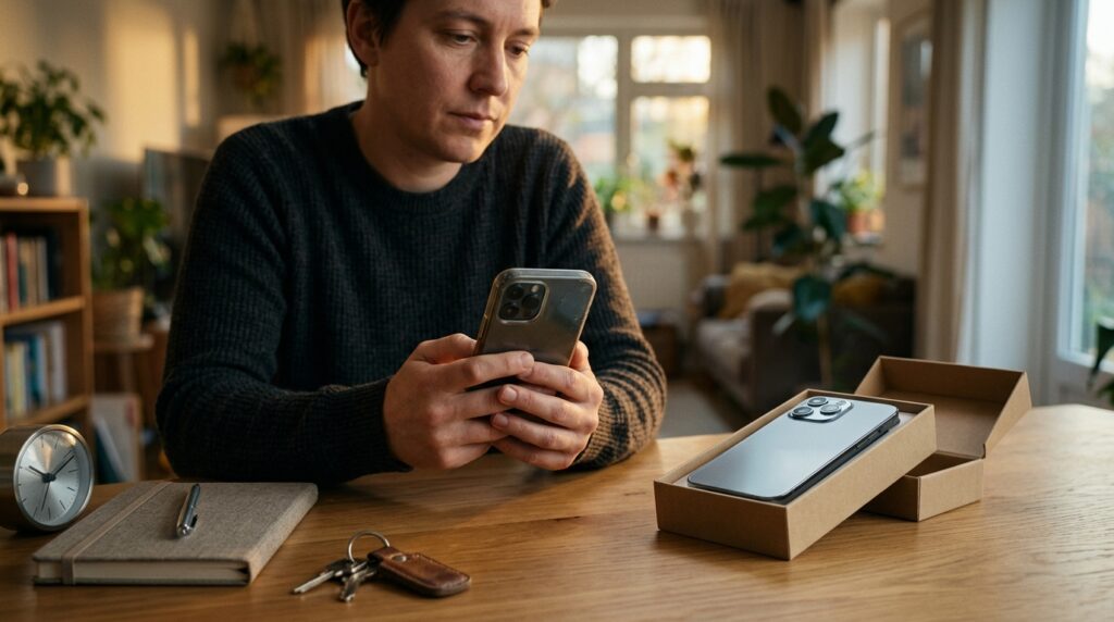 Persona comparando un teléfono usado que todavía funciona con un smartphone nuevo, mientras decide si necesita cambiar de móvil después de dos años.