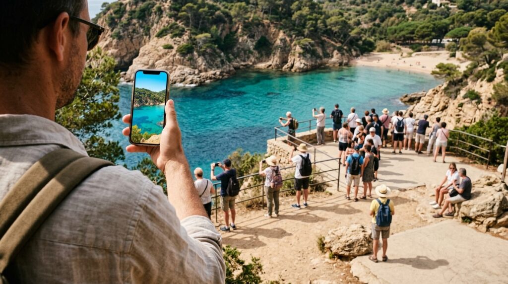 Viajero comparando una playa perfecta en la pantalla de su móvil con el mirador turístico real, donde otras personas también toman fotografías.