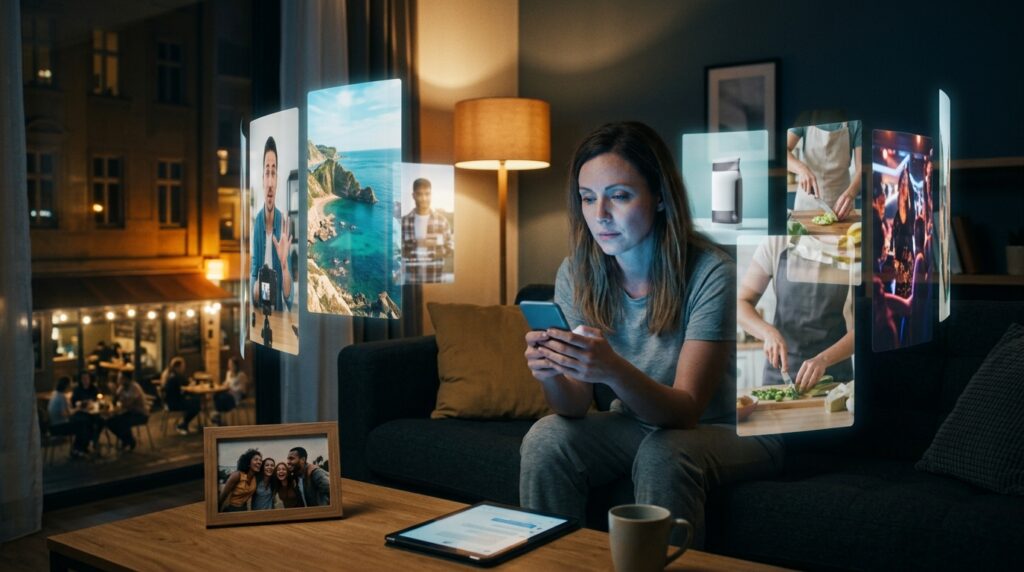 Persona mirando su móvil mientras la rodean pantallas de vídeos recomendados, simbolizando cómo las redes sociales priorizan el contenido sobre las relaciones.