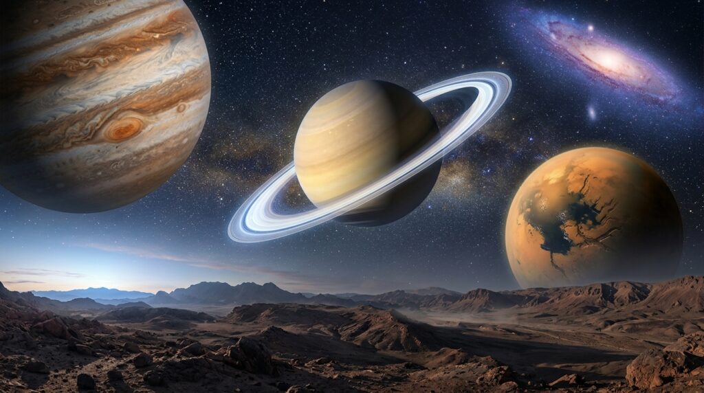 Ilustración espacial con un planeta de anillos, otro con una gran tormenta rojiza, una luna con lagos y una galaxia distante.
