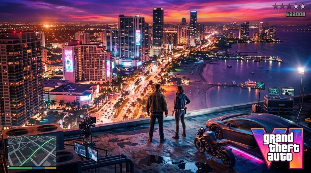 Dos personajes ficticios observan una enorme ciudad tropical iluminada desde el techo de un edificio durante la noche.