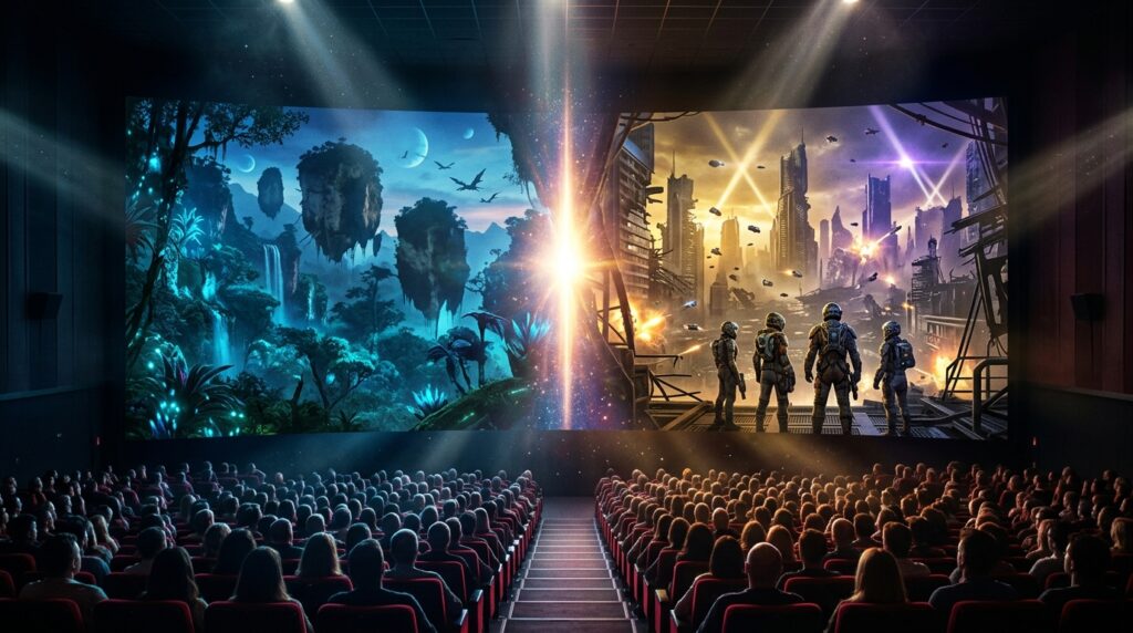Pantalla de cine dividida entre un planeta alienígena azul y una ciudad futurista con héroes espaciales, simbolizando la batalla de taquilla entre Avatar y Avengers: Endgame.
