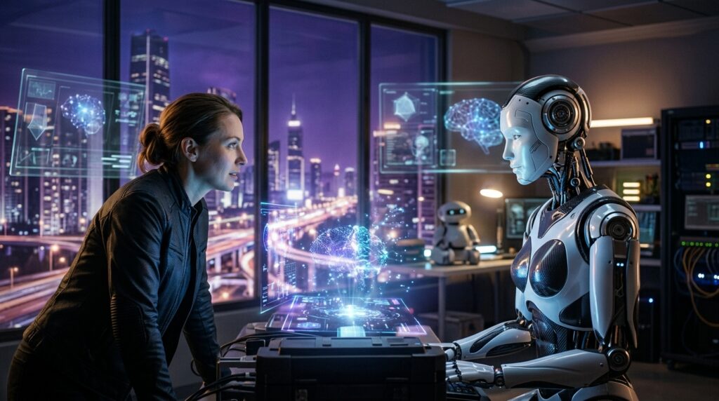 Mujer frente a un robot humanoide y una interfaz holográfica de inteligencia artificial en una sala futurista.