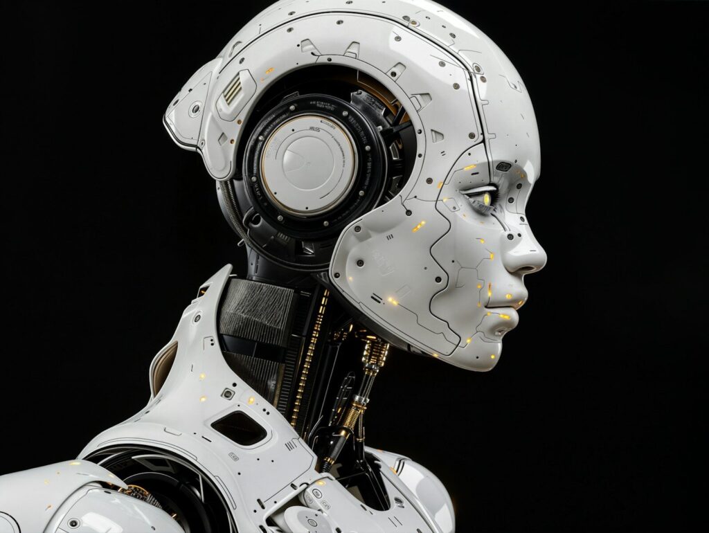 A white robot is standing in front of a black background